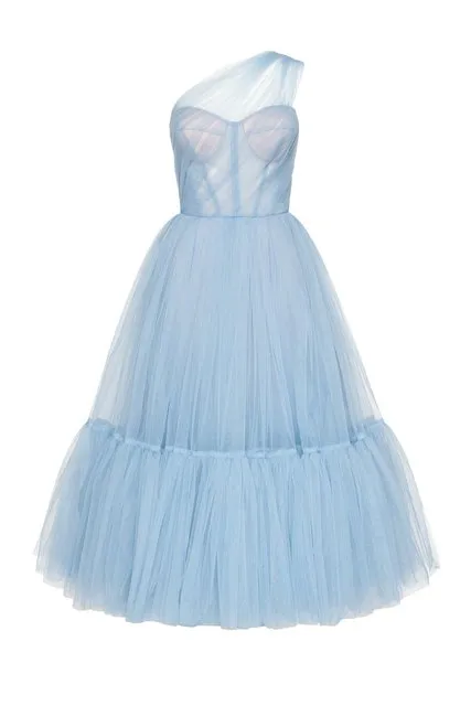 Lilac Tulle One Shoulder Tea Length Evening Dress SF005