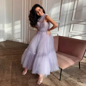 Lilac Tulle One Shoulder Tea Length Evening Dress SF005