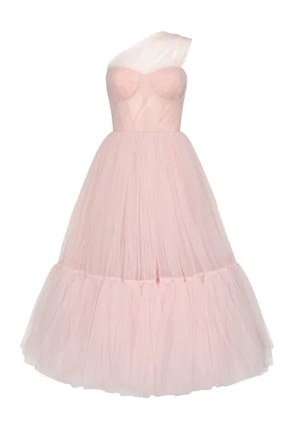Lilac Tulle One Shoulder Tea Length Evening Dress SF005