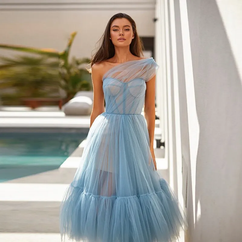 Lilac Tulle One Shoulder Tea Length Evening Dress SF005