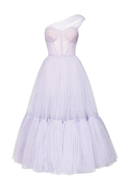 Lilac Tulle One Shoulder Tea Length Evening Dress SF005