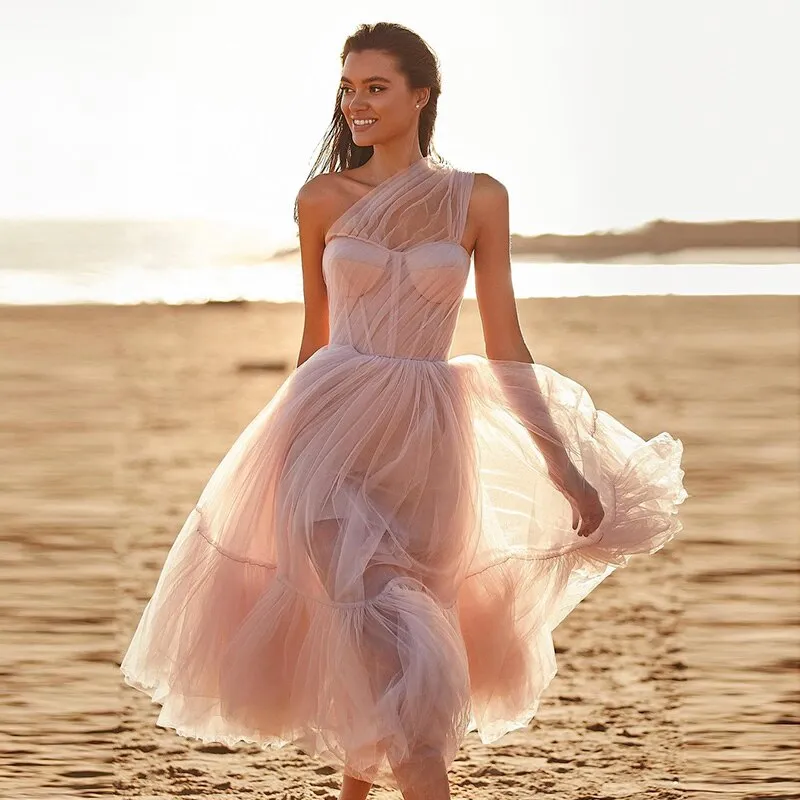 Lilac Tulle One Shoulder Tea Length Evening Dress SF005