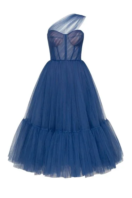 Lilac Tulle One Shoulder Tea Length Evening Dress SF005
