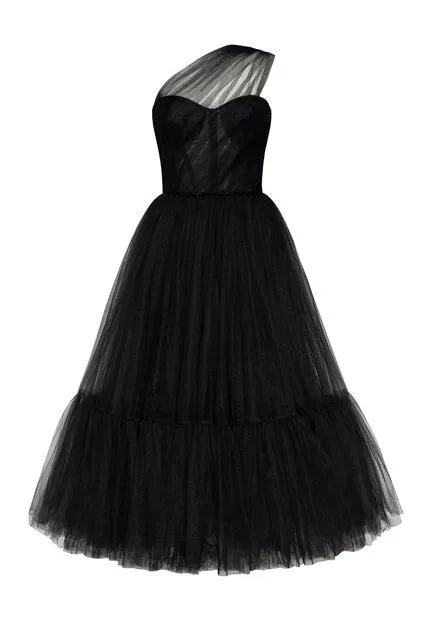 Lilac Tulle One Shoulder Tea Length Evening Dress SF005