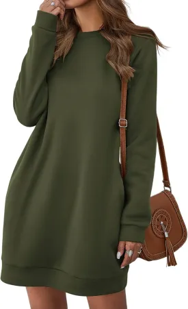 LYANER Women's Sweatshirt Dress Crewneck Long Sleeve Loose Fit Mini Sweat Shirt Dress with Pockets