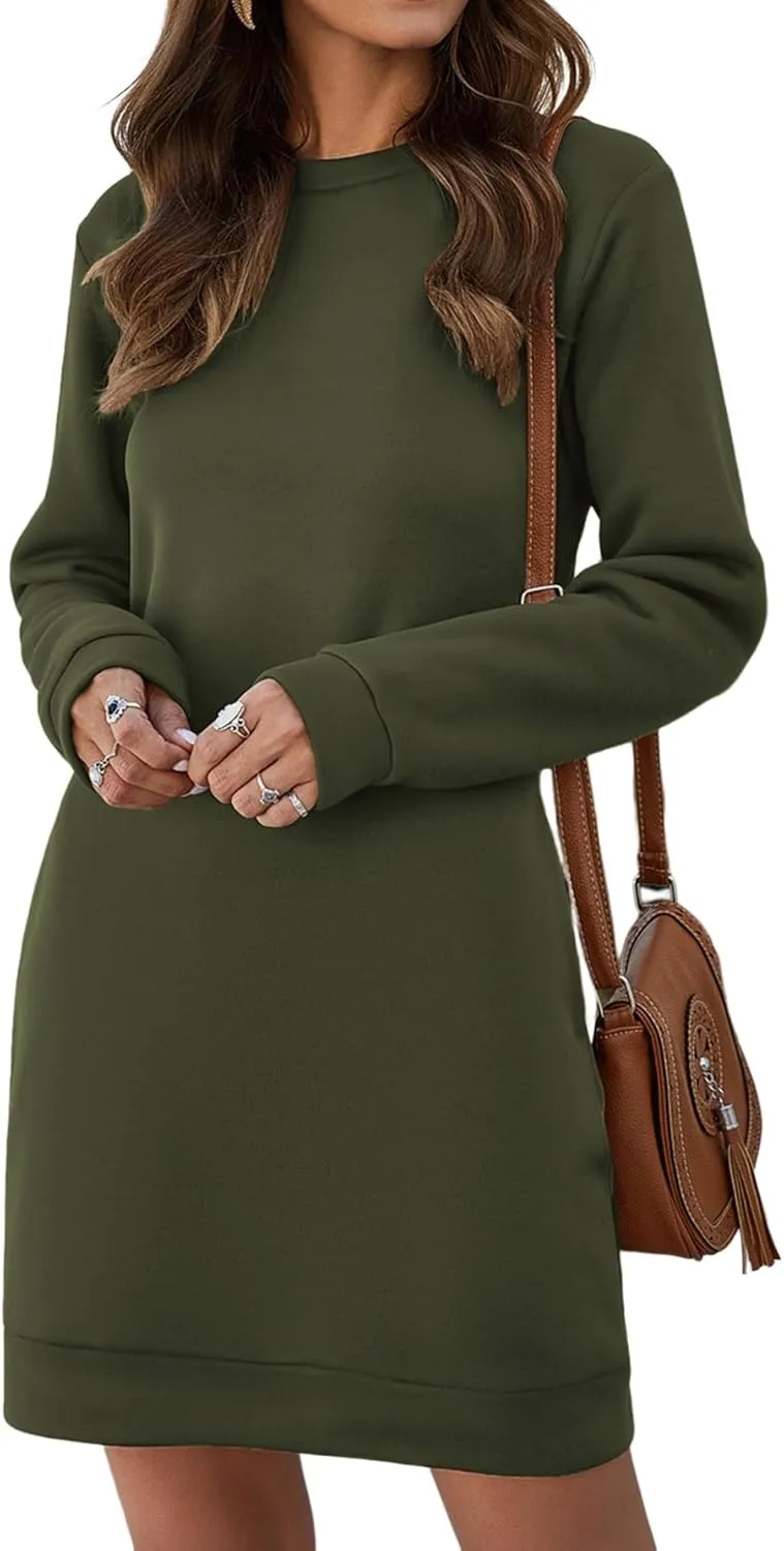 LYANER Women's Sweatshirt Dress Crewneck Long Sleeve Loose Fit Mini Sweat Shirt Dress with Pockets