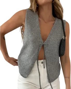 Meihuida Women Vest Top Tie Front Y2k Crochet Knit V Neck Sleeveless Vest Casual Streetwear
