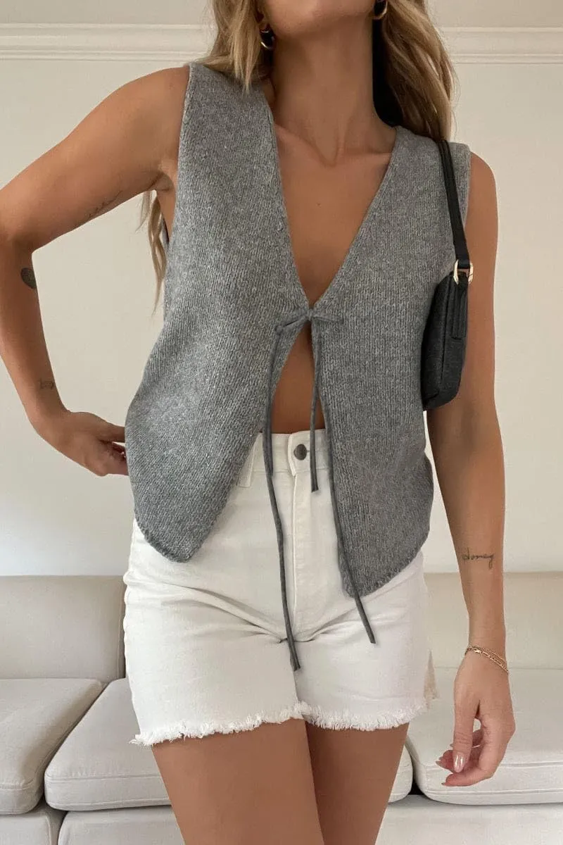 Meihuida Women Vest Top Tie Front Y2k Crochet Knit V Neck Sleeveless Vest Casual Streetwear