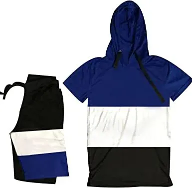 Men's Casual Stitching Color 2 Piece Short Sets Outfits Loose Hooded Short-Sleeved T-shirt   Shorts Siuts