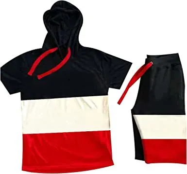 Men's Casual Stitching Color 2 Piece Short Sets Outfits Loose Hooded Short-Sleeved T-shirt   Shorts Siuts