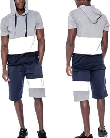 Men's Casual Stitching Color 2 Piece Short Sets Outfits Loose Hooded Short-Sleeved T-shirt   Shorts Siuts