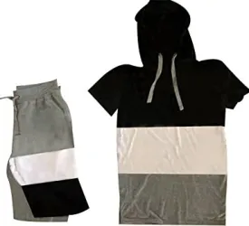 Men's Casual Stitching Color 2 Piece Short Sets Outfits Loose Hooded Short-Sleeved T-shirt   Shorts Siuts