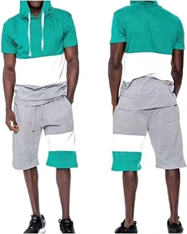 Men's Casual Stitching Color 2 Piece Short Sets Outfits Loose Hooded Short-Sleeved T-shirt   Shorts Siuts