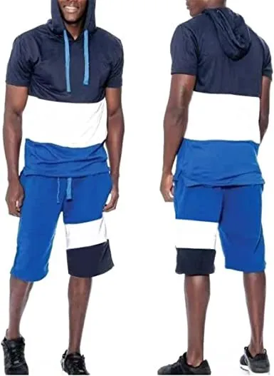 Men's Casual Stitching Color 2 Piece Short Sets Outfits Loose Hooded Short-Sleeved T-shirt   Shorts Siuts
