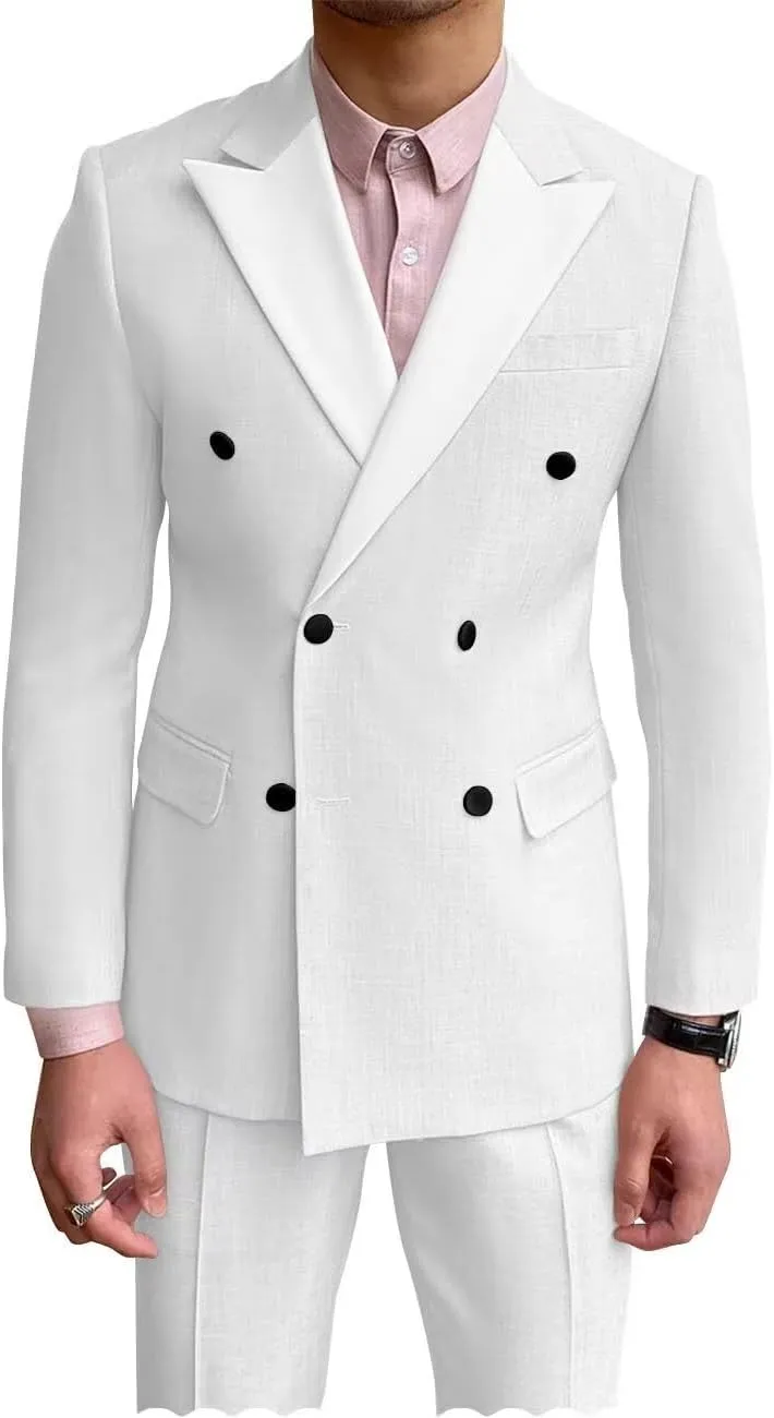 Men's Double Breasted Linen Suit 2 Piece Linen Suits Slim Fit Wedding Beach Casual Summer Blazer Pants
