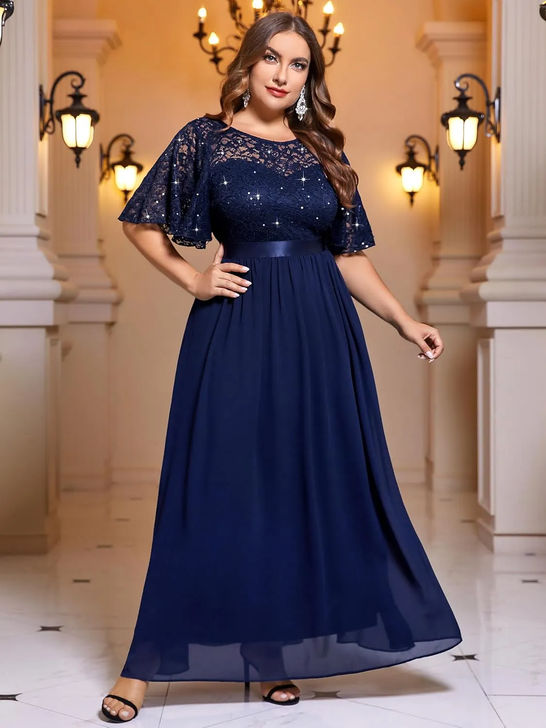 Miusol Women's Plus Size Sequin Lace Round Neck Butterfly Sleeves Formal Evening Maxi Dress