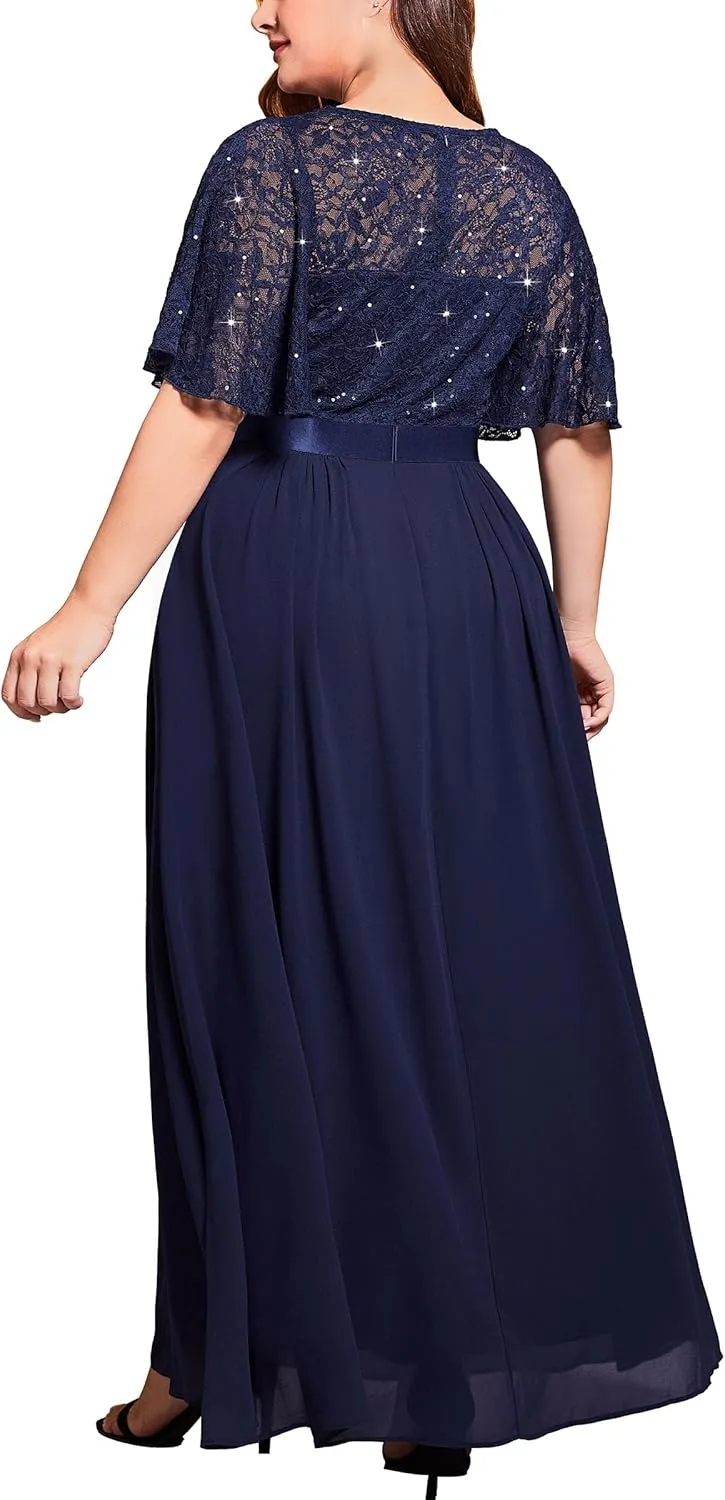 Miusol Women's Plus Size Sequin Lace Round Neck Butterfly Sleeves Formal Evening Maxi Dress