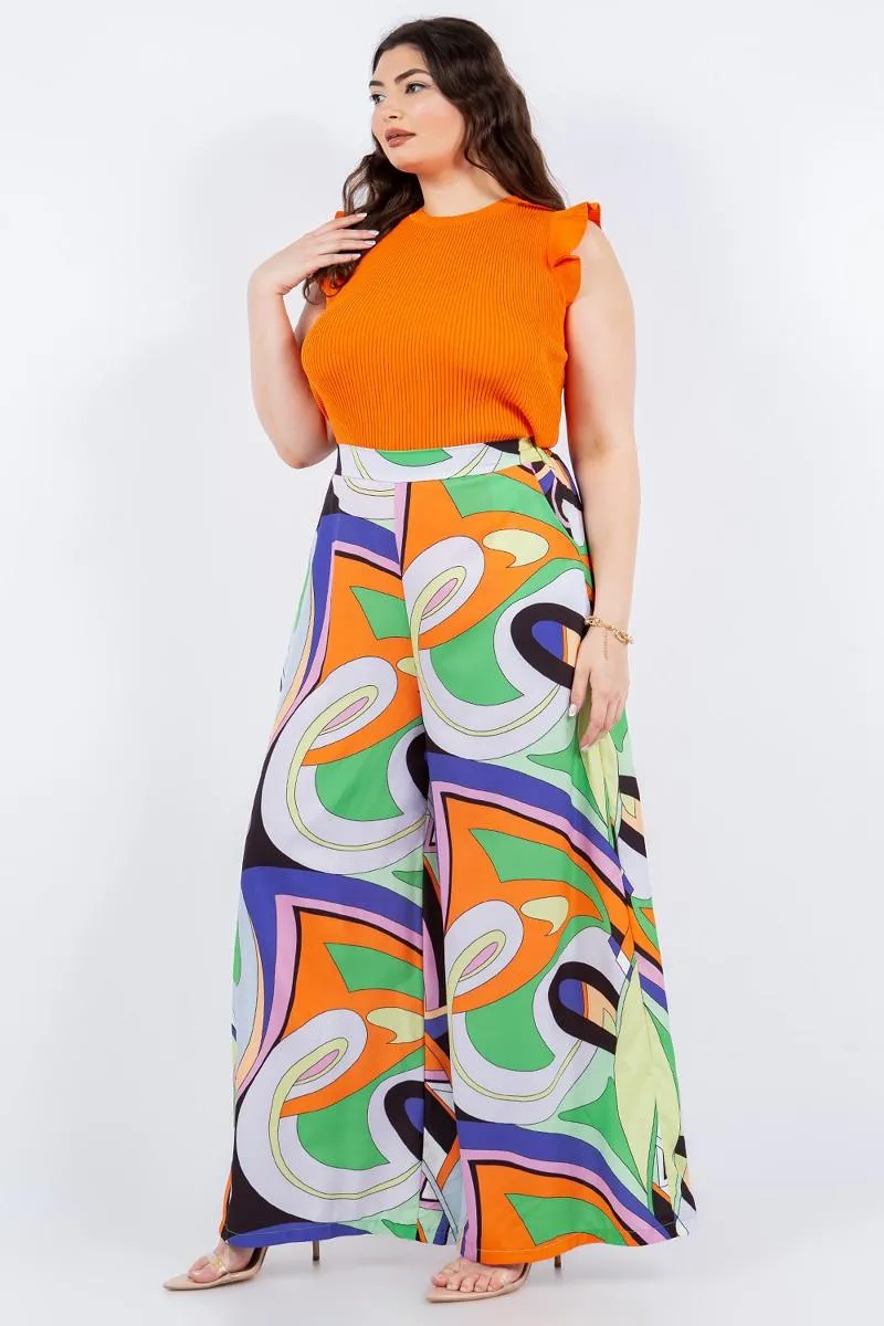 PLUS abstract print high waist wide leg pants