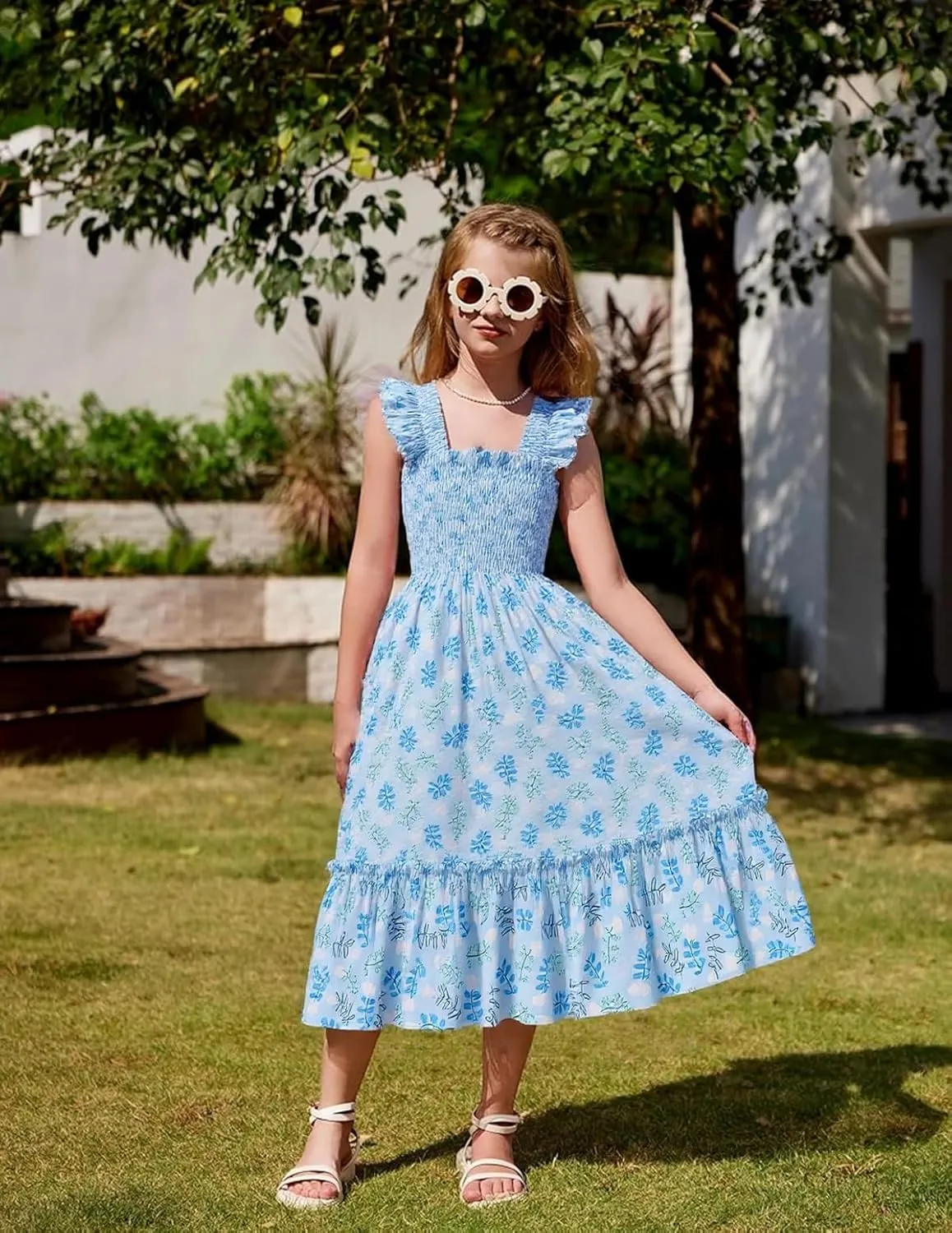 RETSUGO Little Girls Dresses Flutter Sleeve Casual Birthday Party Dress Toddler Kids Swing Twirly Summer Sundress 1-8 Years