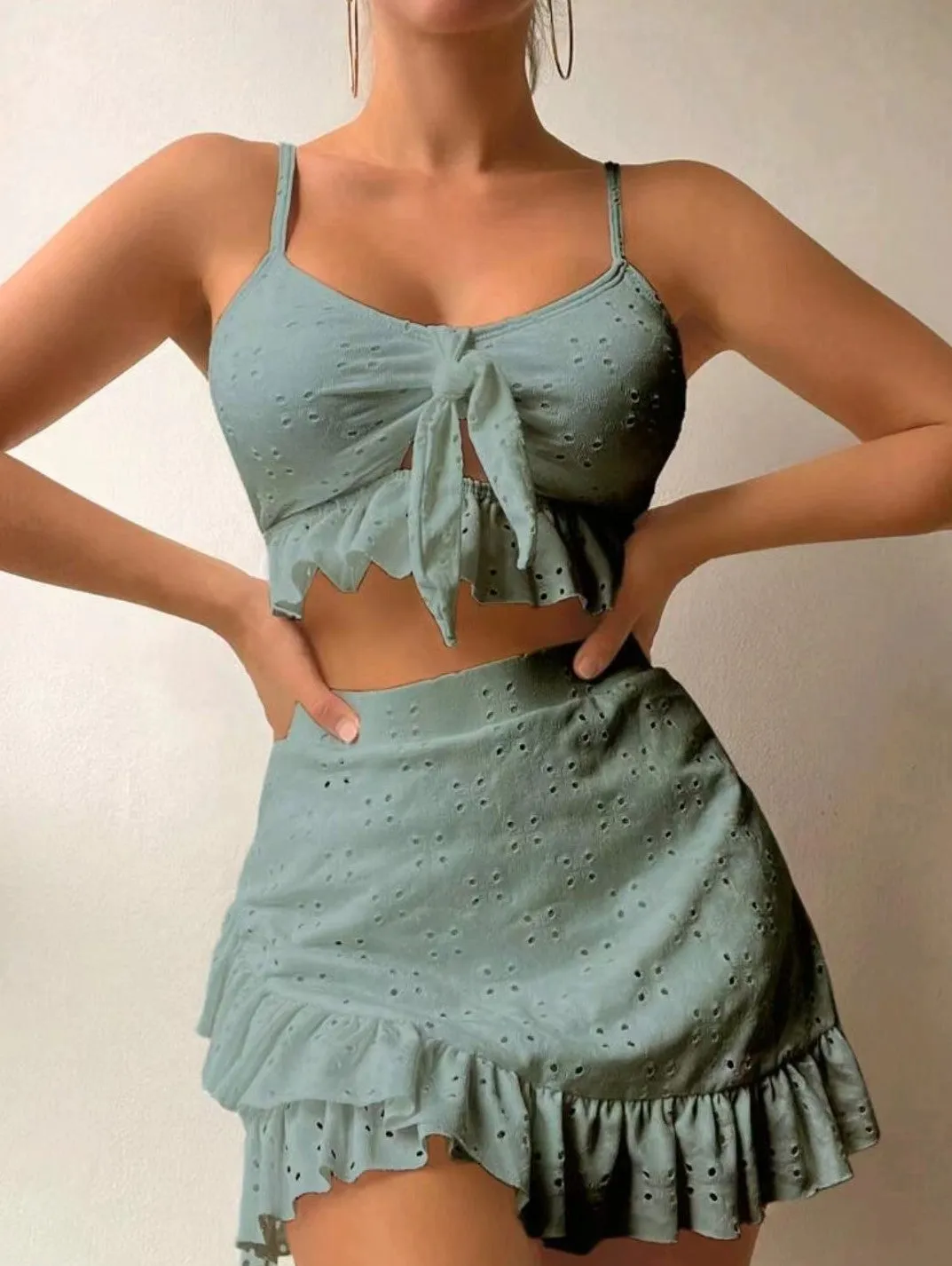 Ruffle Design 3-pcs Swimsuit Set with Skirt