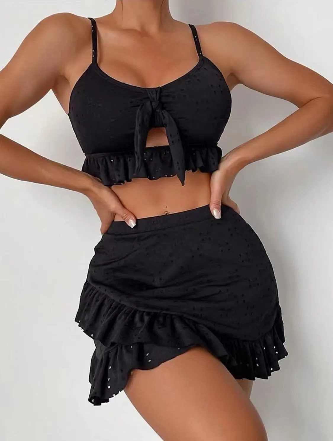 Ruffle Design 3-pcs Swimsuit Set with Skirt