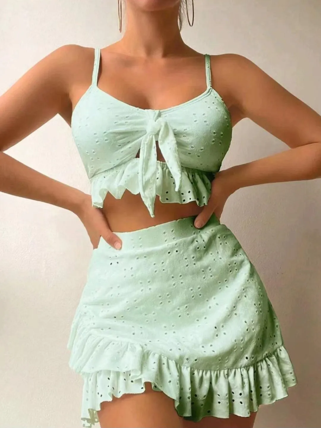 Ruffle Design 3-pcs Swimsuit Set with Skirt