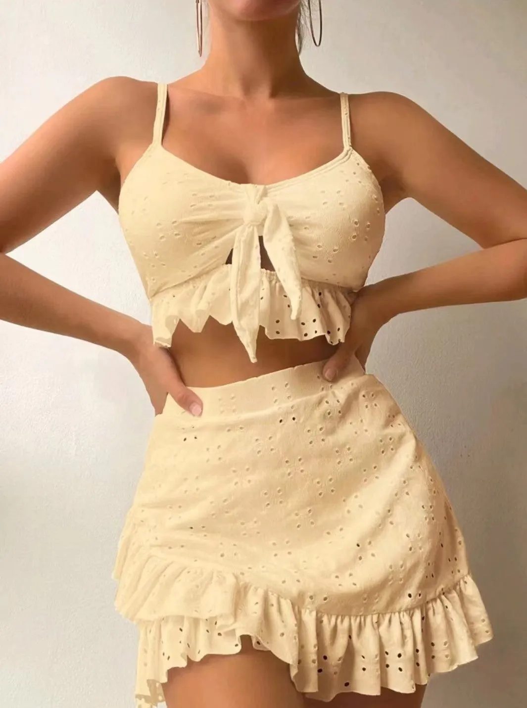 Ruffle Design 3-pcs Swimsuit Set with Skirt