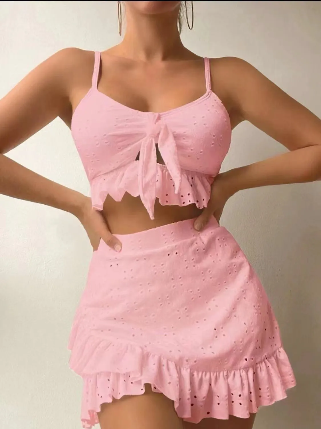Ruffle Design 3-pcs Swimsuit Set with Skirt