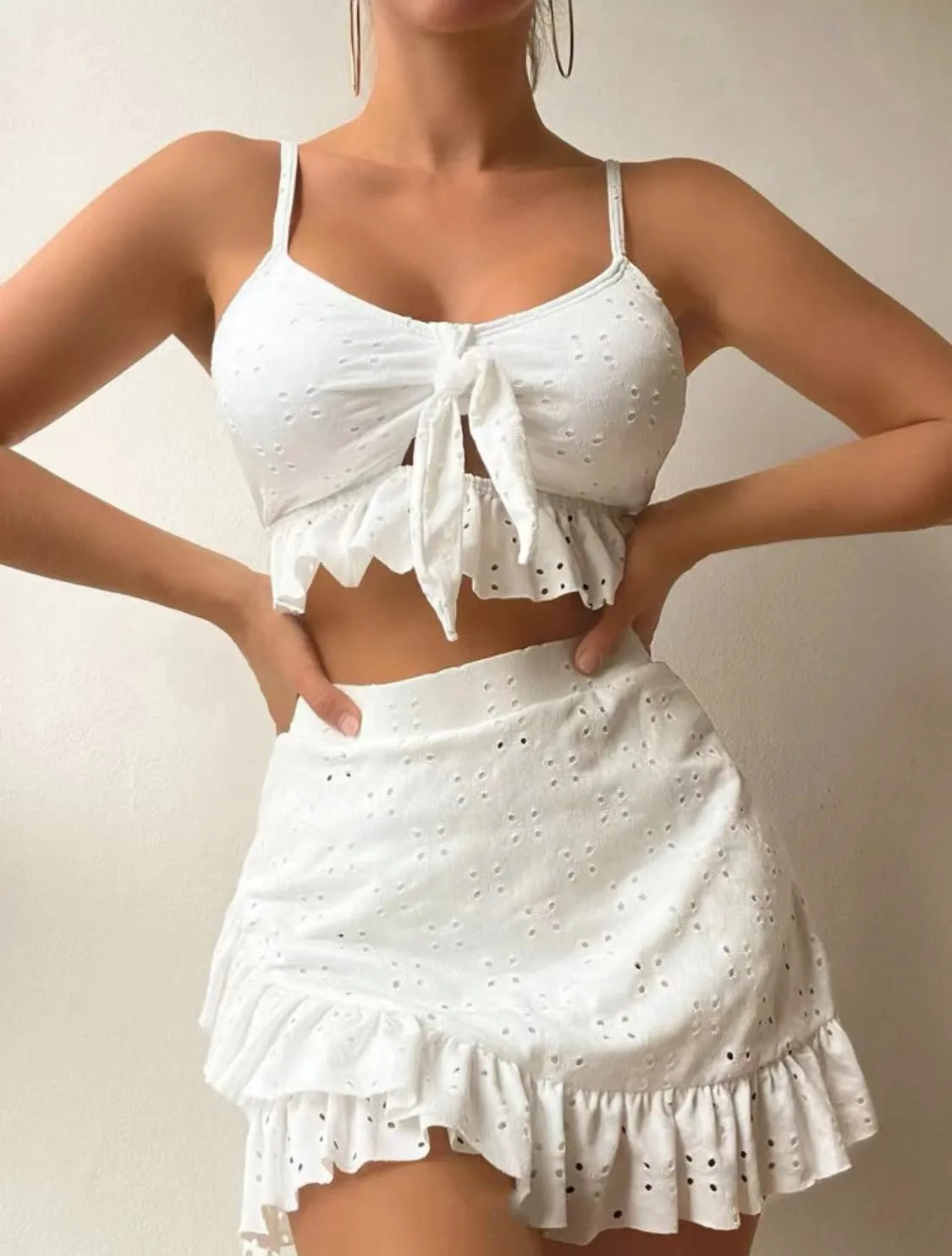 Ruffle Design 3-pcs Swimsuit Set with Skirt