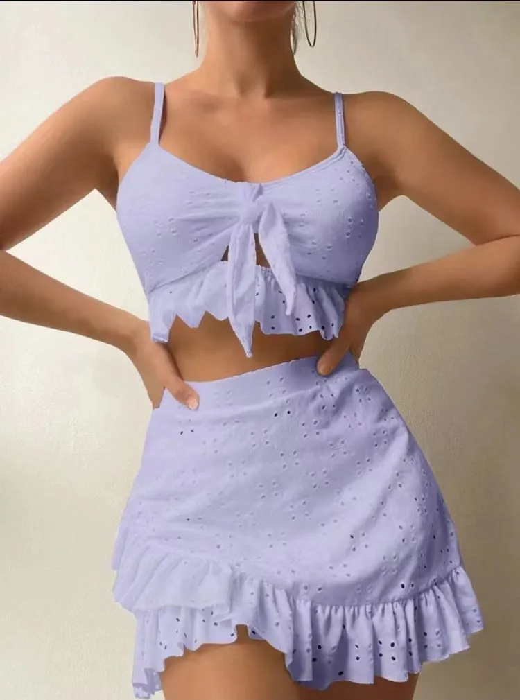 Ruffle Design 3-pcs Swimsuit Set with Skirt