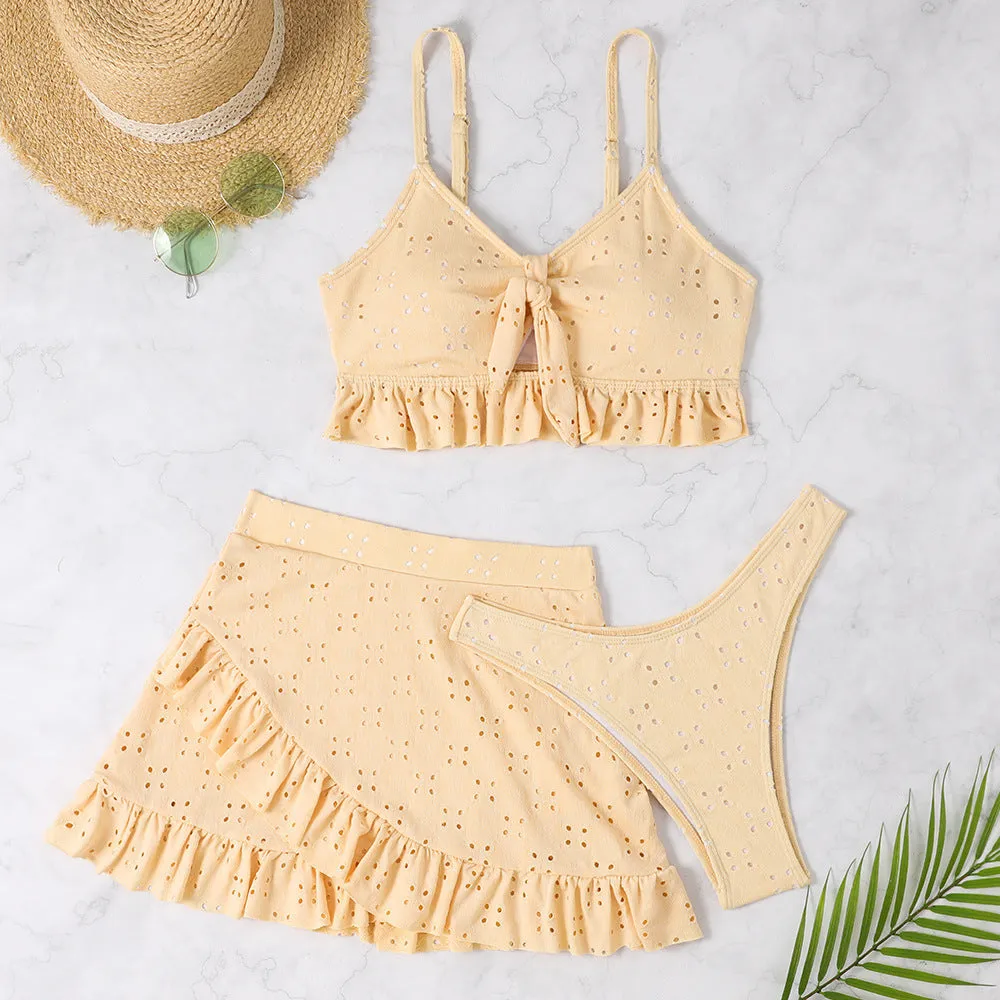 Ruffle Design 3-pcs Swimsuit Set with Skirt