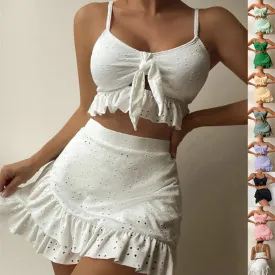 Ruffle Design 3-pcs Swimsuit Set with Skirt