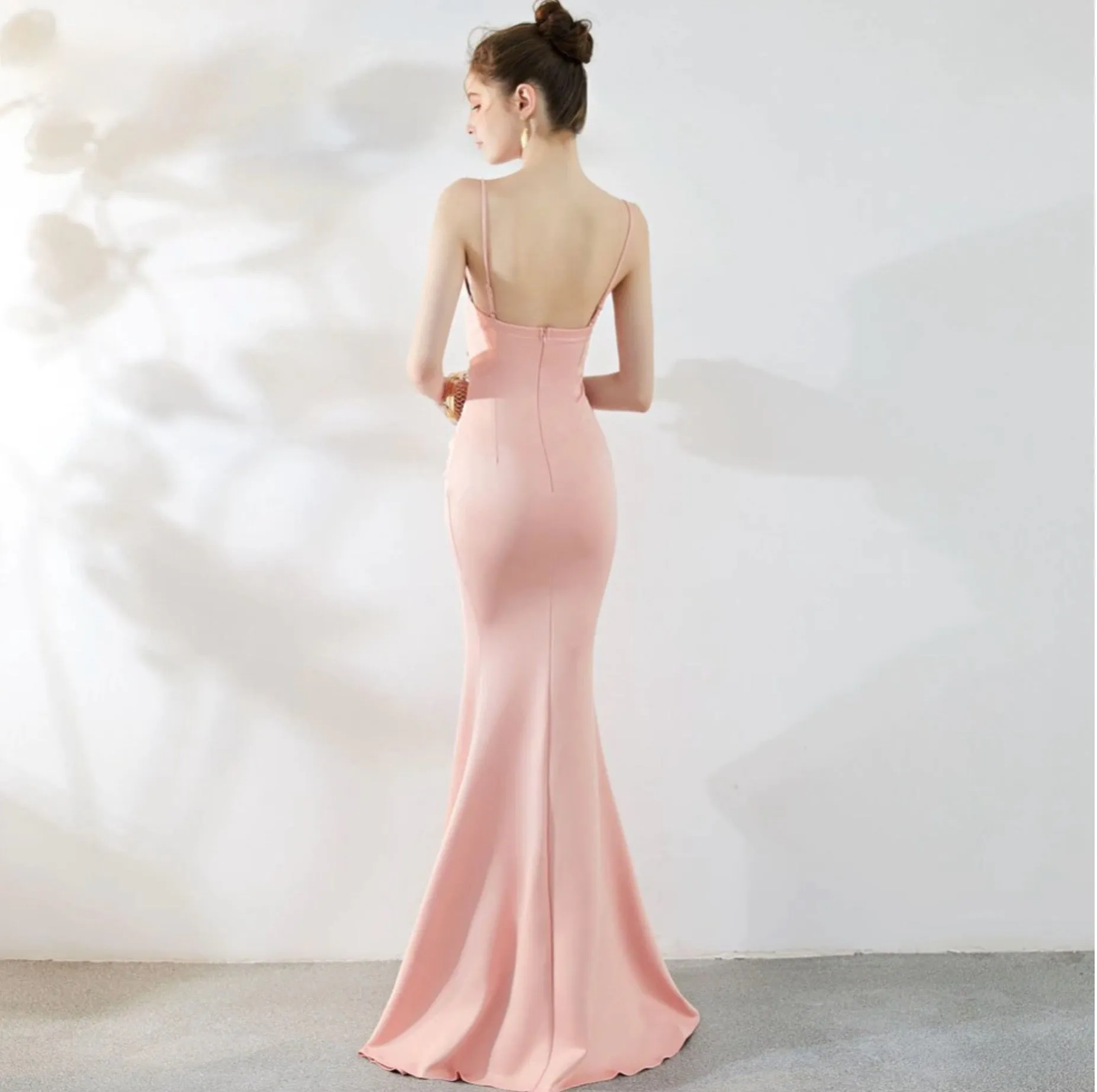 Satin Bare Back Split Simple Long Crystal V-neck Mermaid Party/Prom Dress