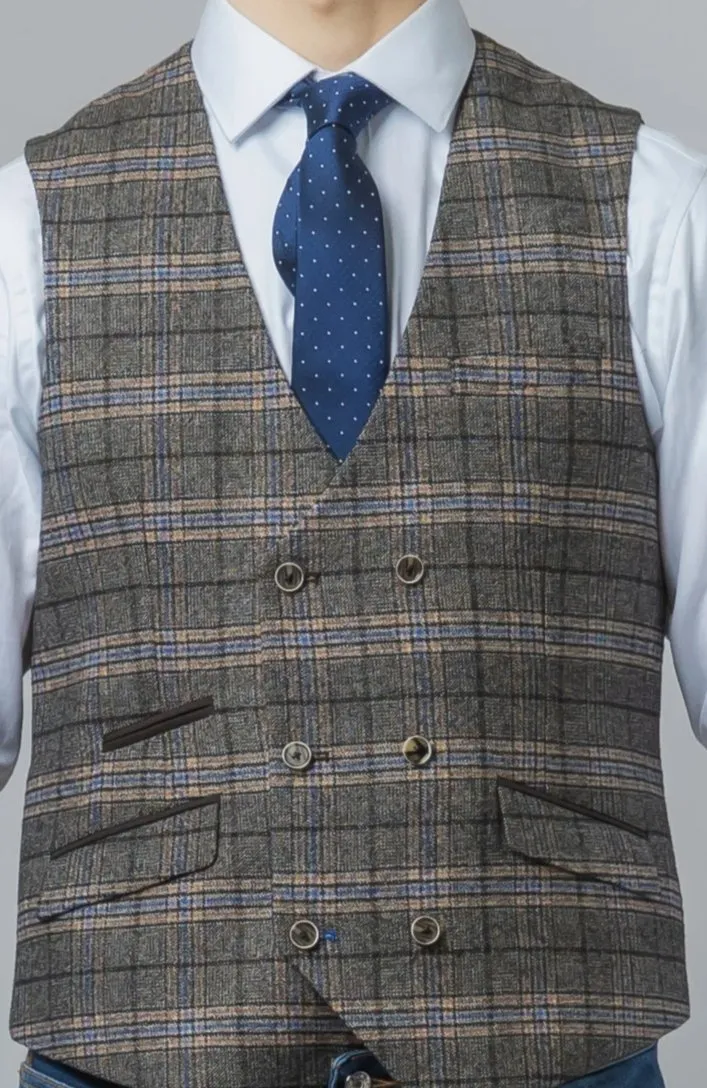 Sebastian Grey Double Breasted Waistcoat Tweed Suit| Office Wear | Check suit