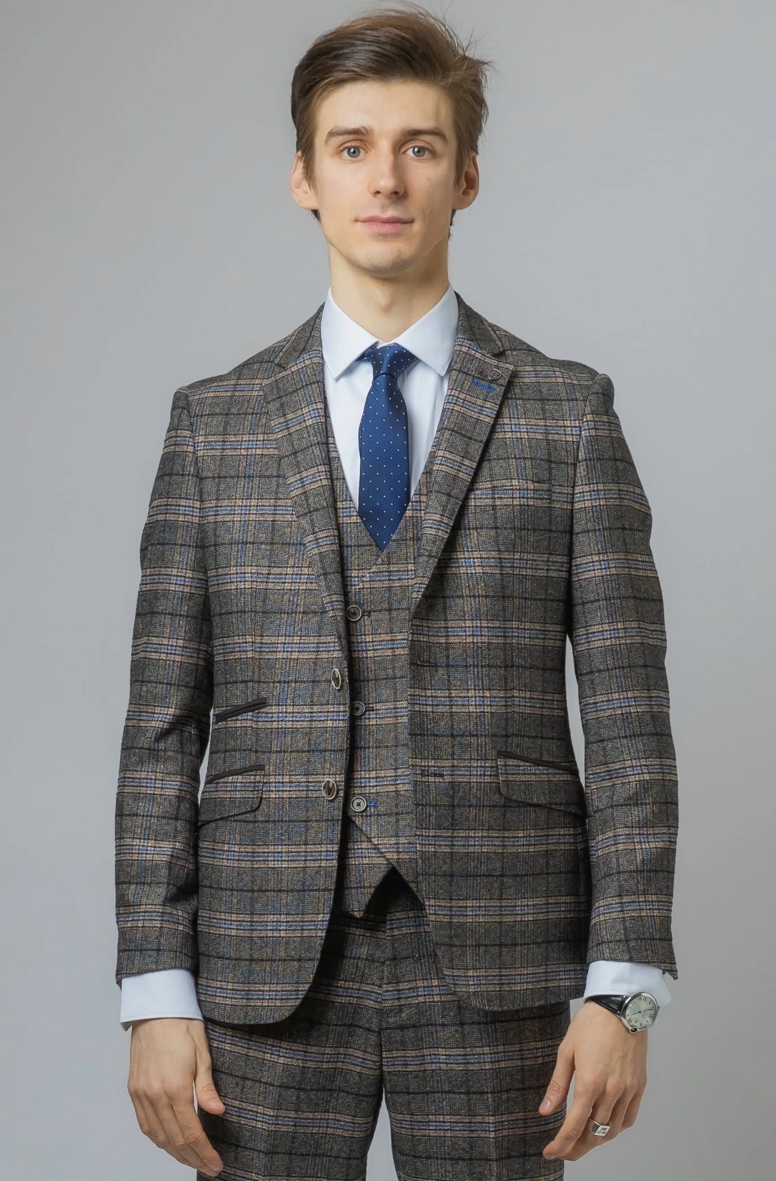 Sebastian Grey Double Breasted Waistcoat Tweed Suit| Office Wear | Check suit