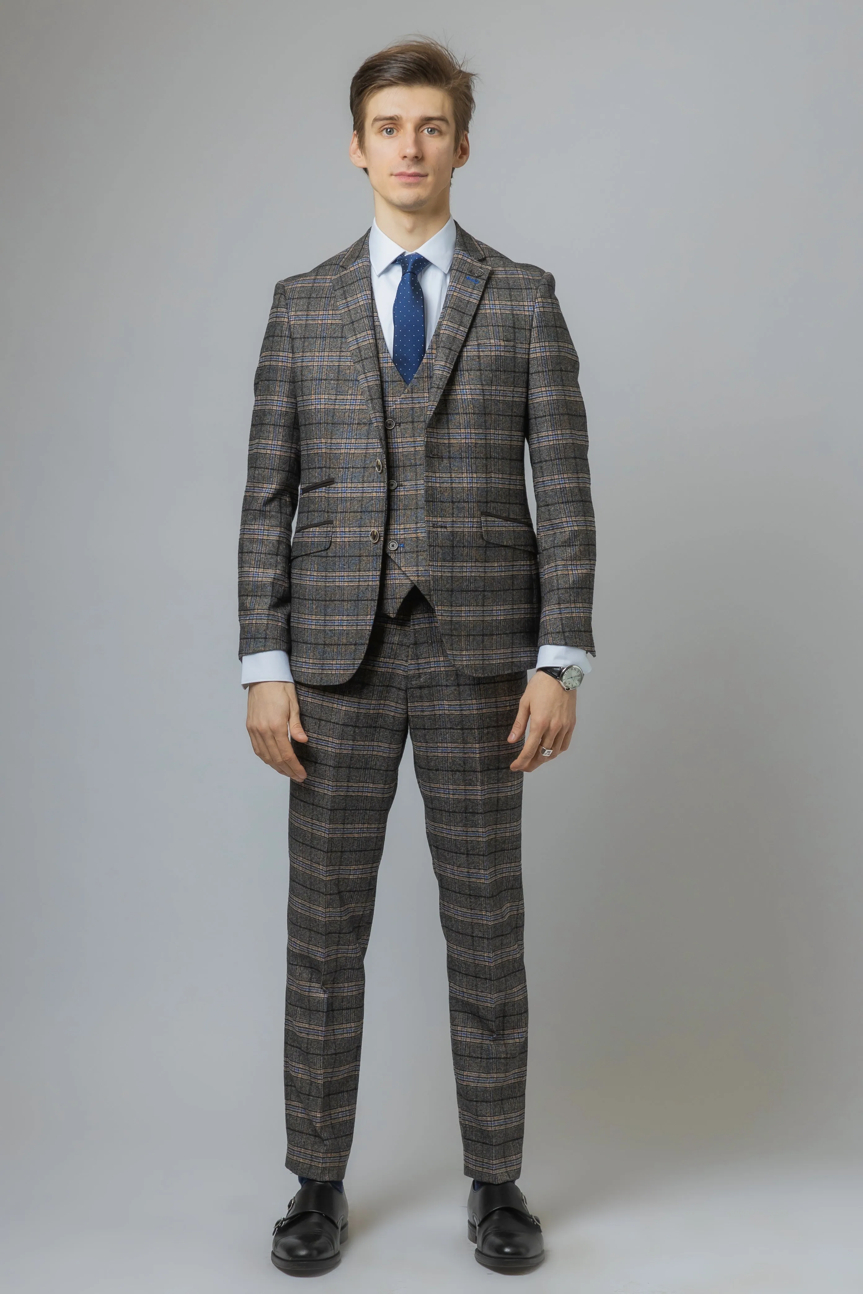 Sebastian Grey Double Breasted Waistcoat Tweed Suit| Office Wear | Check suit