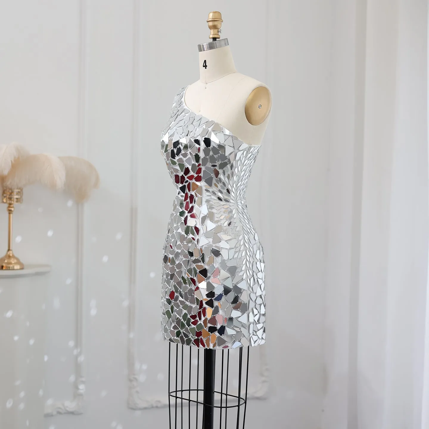 Sharon Said Luxury Silver Short Mini Cocktail Prom Dresses for Women Birthday Wedding Sparkly Sequin Evening Party Gowns SS011