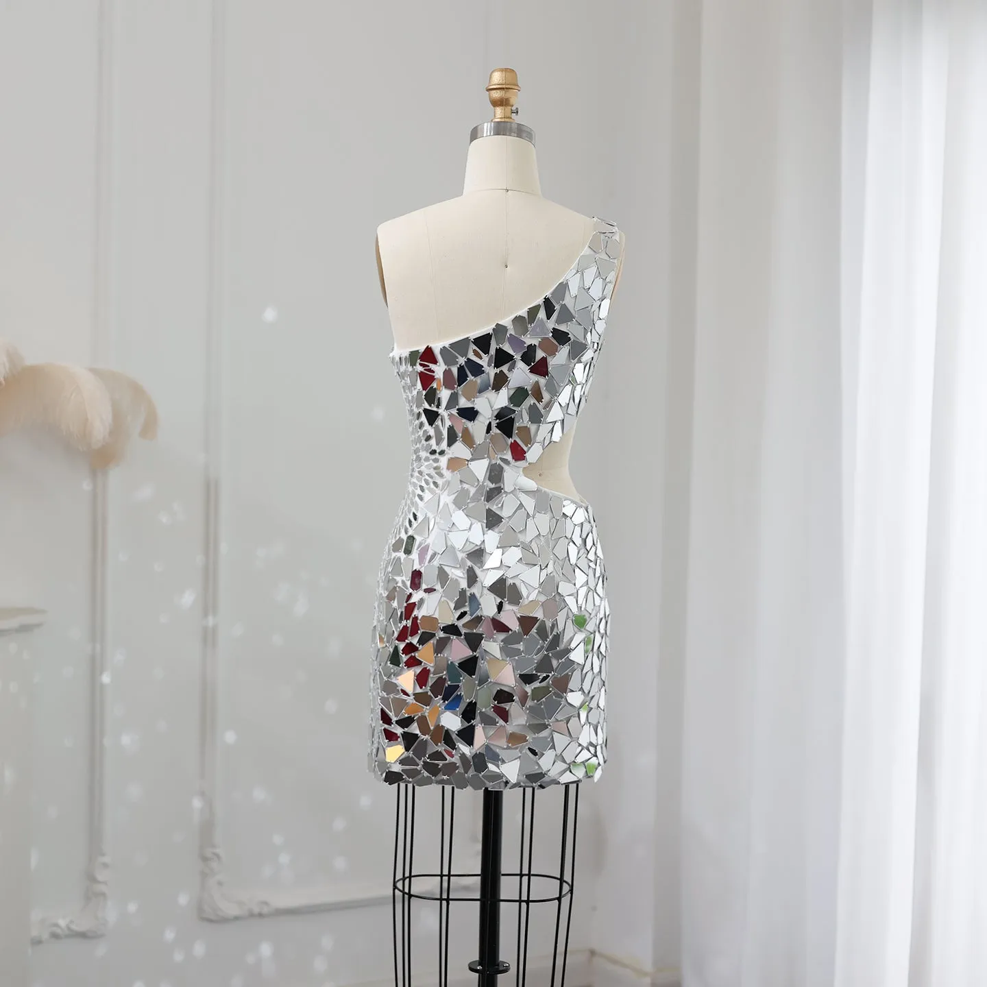 Sharon Said Luxury Silver Short Mini Cocktail Prom Dresses for Women Birthday Wedding Sparkly Sequin Evening Party Gowns SS011