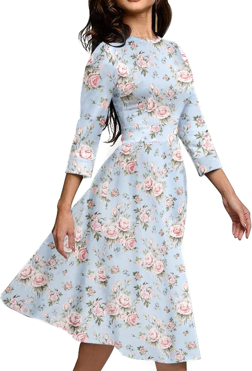 Simple Flavor Women's Floral Vintage Dress Elegant Midi Evening Dress 3/4 Sleeves