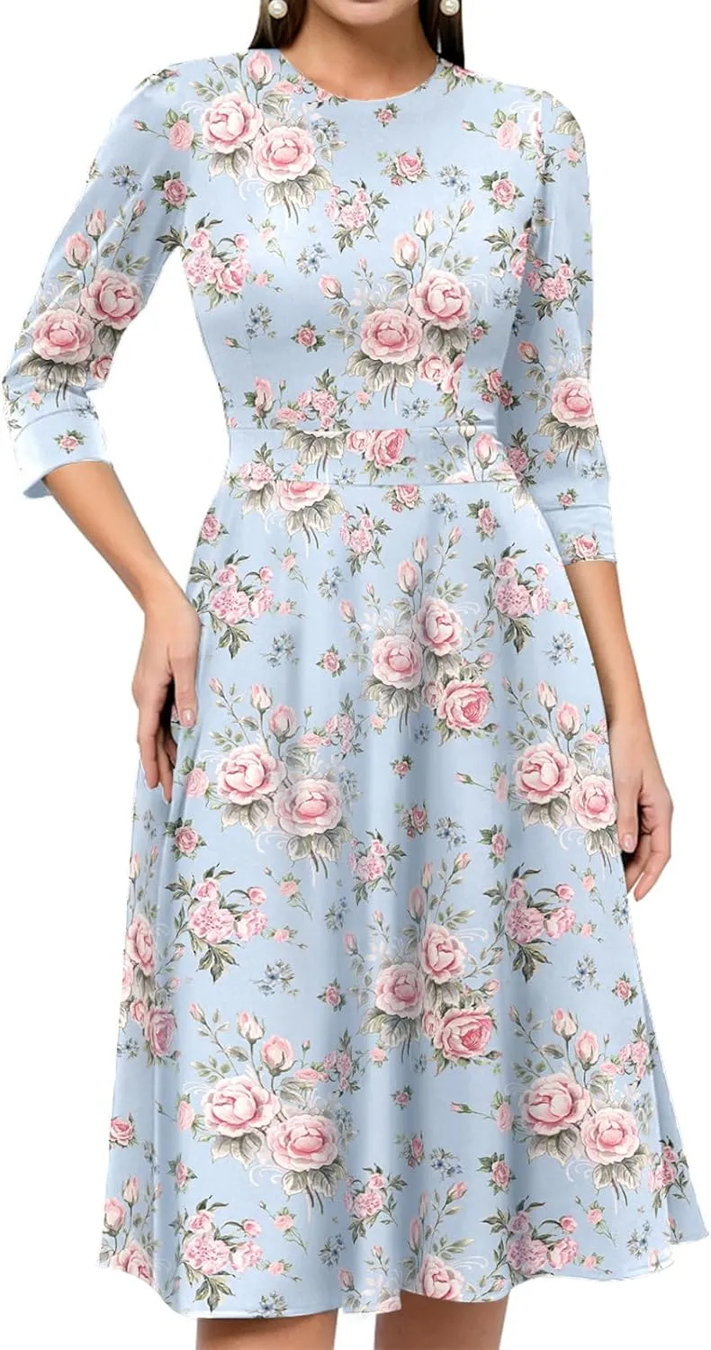 Simple Flavor Women's Floral Vintage Dress Elegant Midi Evening Dress 3/4 Sleeves