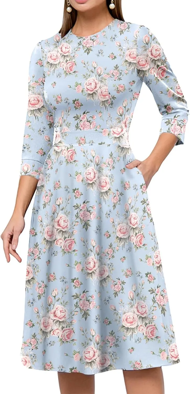 Simple Flavor Women's Floral Vintage Dress Elegant Midi Evening Dress 3/4 Sleeves