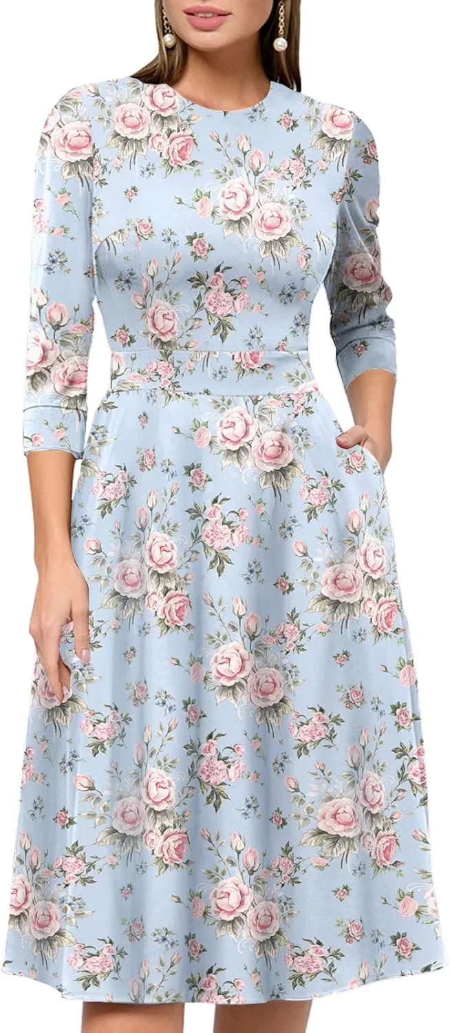Simple Flavor Women's Floral Vintage Dress Elegant Midi Evening Dress 3/4 Sleeves