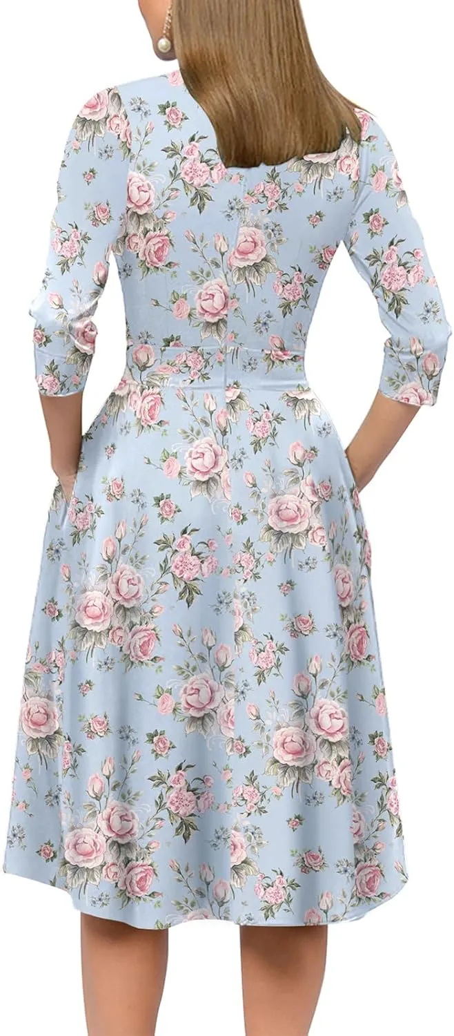 Simple Flavor Women's Floral Vintage Dress Elegant Midi Evening Dress 3/4 Sleeves