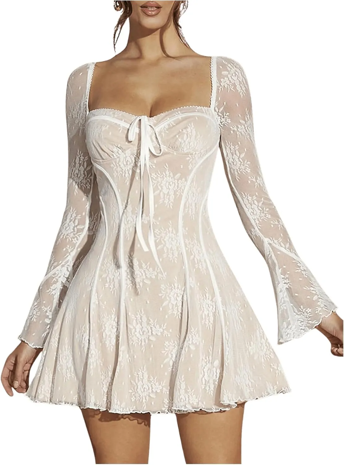 SOLY HUX Women's Lace Mesh Long Sleeve Ruffle Mini Dress Bodycon Dresses Evening Date Night Dress