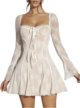 SOLY HUX Women's Lace Mesh Long Sleeve Ruffle Mini Dress Bodycon Dresses Evening Date Night Dress