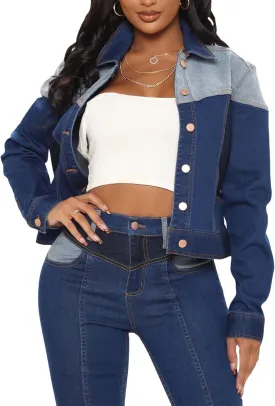 SOMTHRON Women's Patchwork Denim Jeans Outfits Color Block Crop Jeans Coat Spring Fall Outerwear Jacket