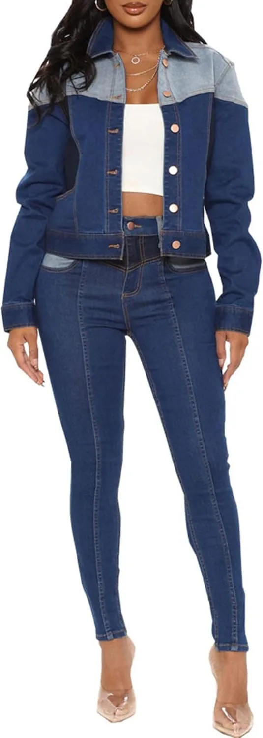SOMTHRON Women's Patchwork Denim Jeans Outfits Color Block Crop Jeans Coat Spring Fall Outerwear Jacket
