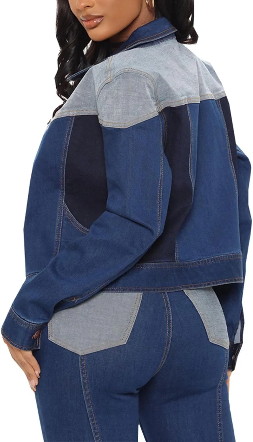 SOMTHRON Women's Patchwork Denim Jeans Outfits Color Block Crop Jeans Coat Spring Fall Outerwear Jacket