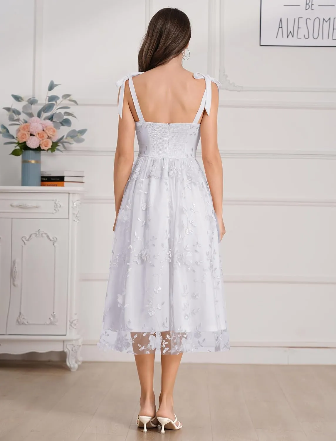 Spaghetti Strap Embroidered Floral Dress for Women Wedding Formal Tulle Prom Corset Dress Smocked Split Midi Tea Party Dress