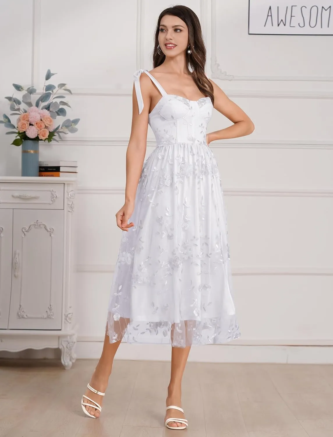 Spaghetti Strap Embroidered Floral Dress for Women Wedding Formal Tulle Prom Corset Dress Smocked Split Midi Tea Party Dress
